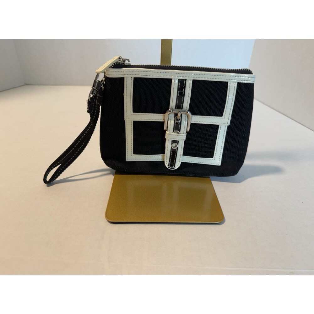 ISABELLA FIORE Buckle Black Durable Nylon W/ White Patent Leather Small Wristlet